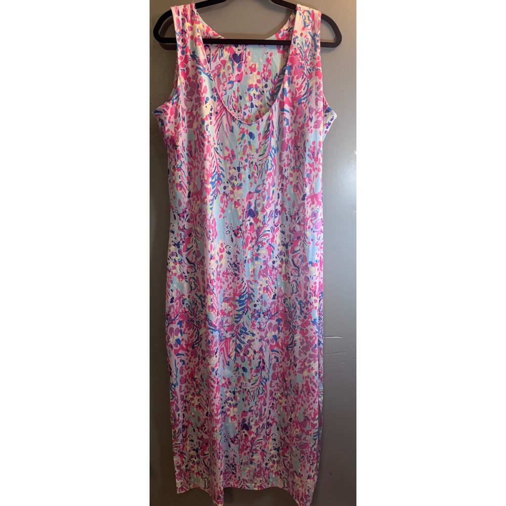Unbranded Abstract Floral Print Sleeveless Maxi Dress Pink Blue XL Side Slit
